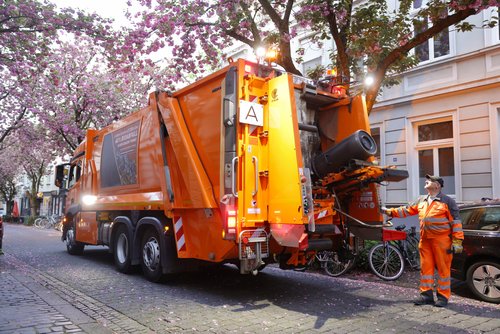 Rückansicht eines Abfallsammelfahrzeugs in der Breite Straße in der Bonner Altstadt zur Kirschblüte, seitlich steht ein Mitarbeiter.